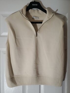 ZARA cream/beige Quarter Zip Padded Shoulder Sleevless Jacket Vest